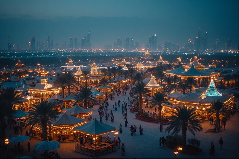 Global Village Dubai lights and pavilions at night